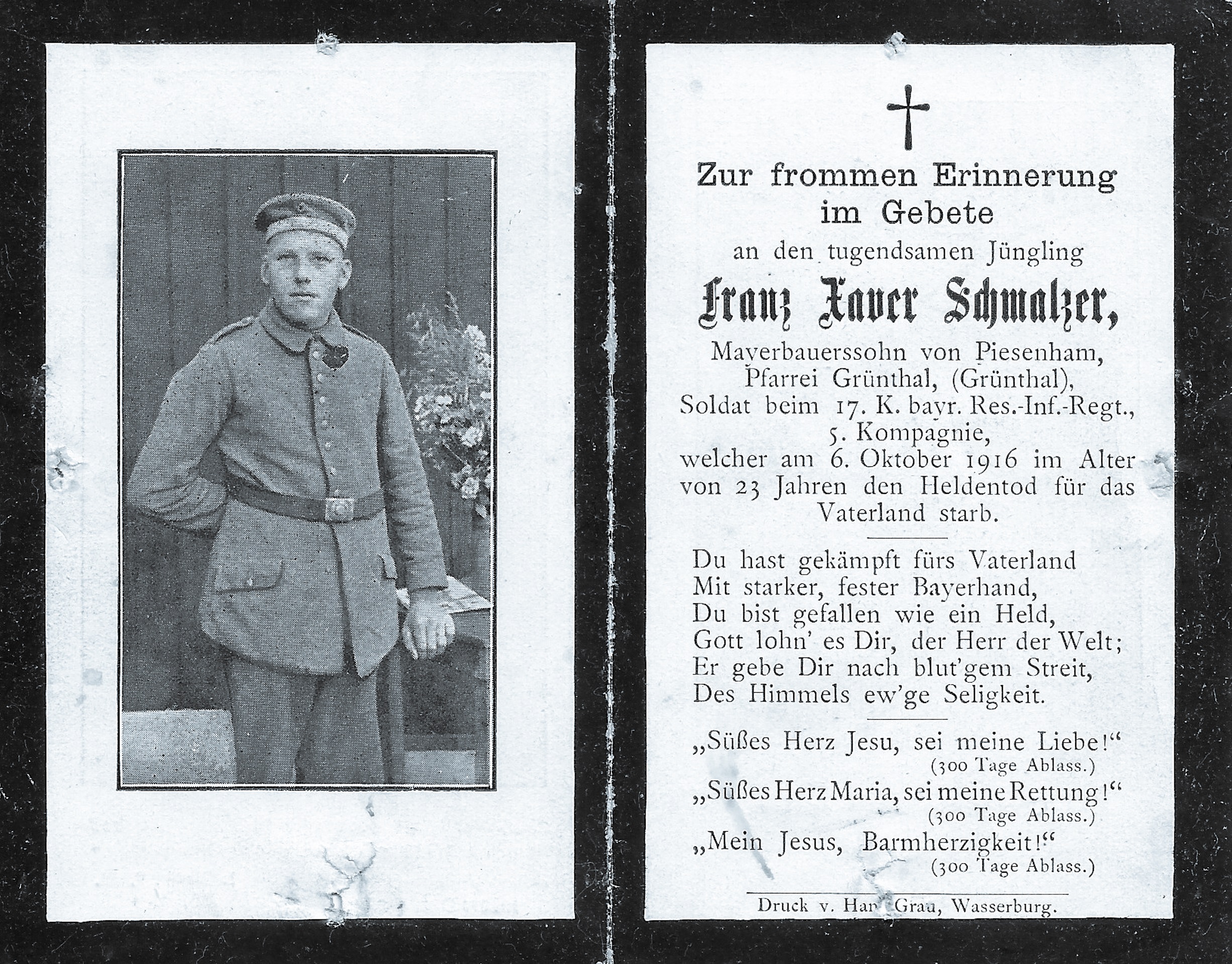 "Death card for Franz Schmalzer Bavarian regiment".  Died at Le Sars 6 October 1916 Taken by Collection of Bob Paterson 1916