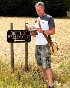 "A familiar visitor to the Butte last week".  A warm welcome to the Butte to Associate Martin Barry. Martin is seen at the bottom of the track leading to the Butte. He was following the first walk as in Bob's recently published Butte de Warlencourt book. Taken by Fiona Barry August 2022