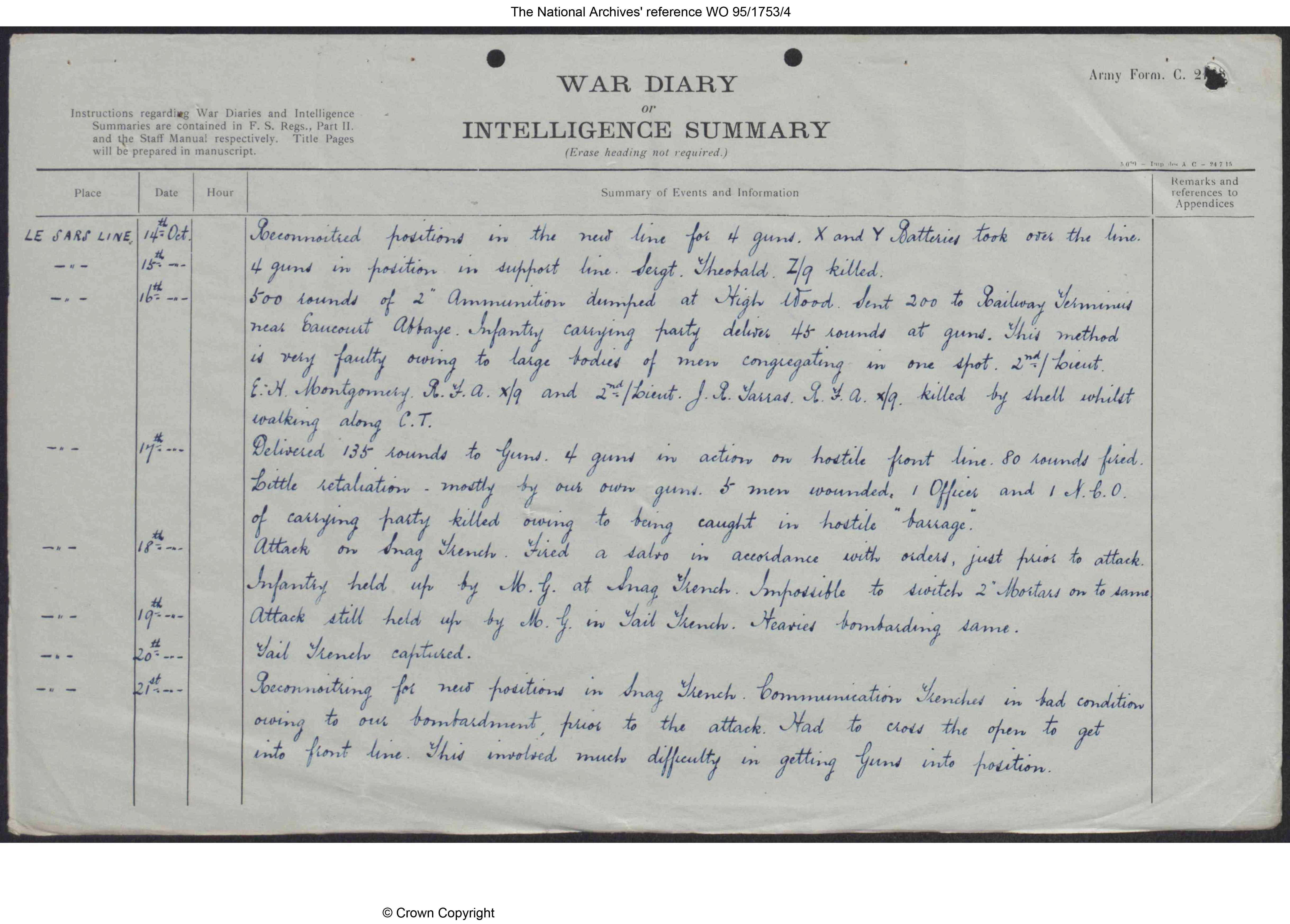 "Former Montgomery private grave memorial near to the Butte ".  Entry in war diary of 9 R.F.A showing deaths of Montgomery and Tarras in October 1916 as highlighted in the news section of this website March 2021 Taken by National Archives 1916